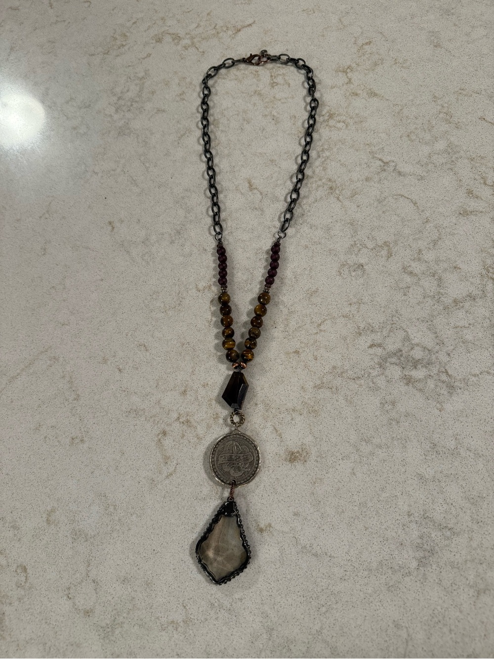 Layered Pendant Necklace with Brown and Black Accents Boho Coin